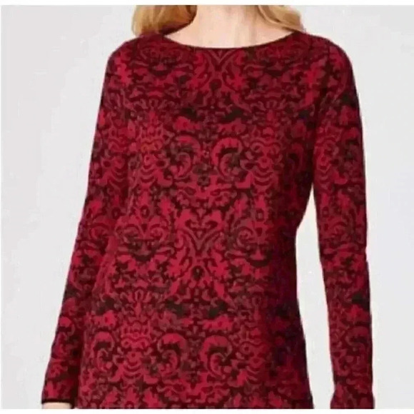 J. Jill Embellished Damask Top Large Rhinestone Beaded Knit Sweater Red Black - Picture 1 of 7
